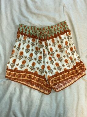 Bohemian Floral Elastic-Waist Women’s Shorts - Orange Floral
